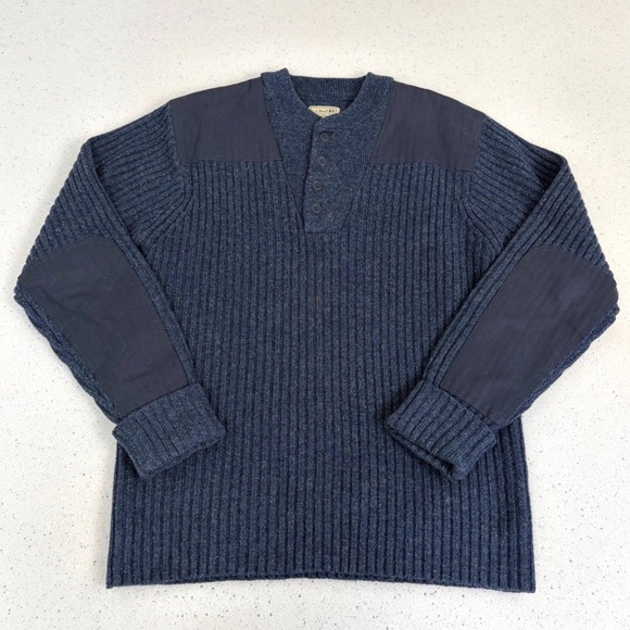 LL Bean Mens Wool Henley Sweater Dark Blue Elbow Patch Ribbed Knit Workwear M